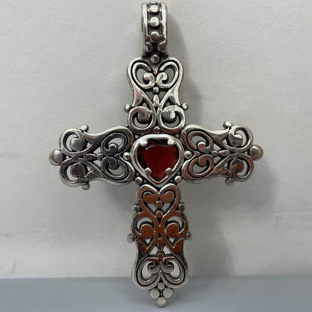 Brighton Endless Love Cross Pendant Red Heart Crystal Silver Tone - Picture 2 of 6